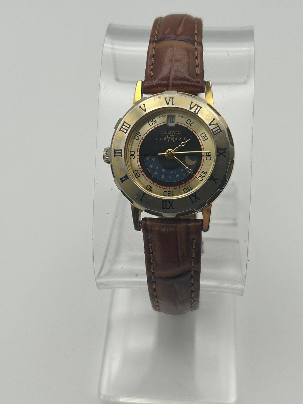 Express Moonphase Watch Women Gold Tone Roman Numeral Bezel Date Quartz Runs